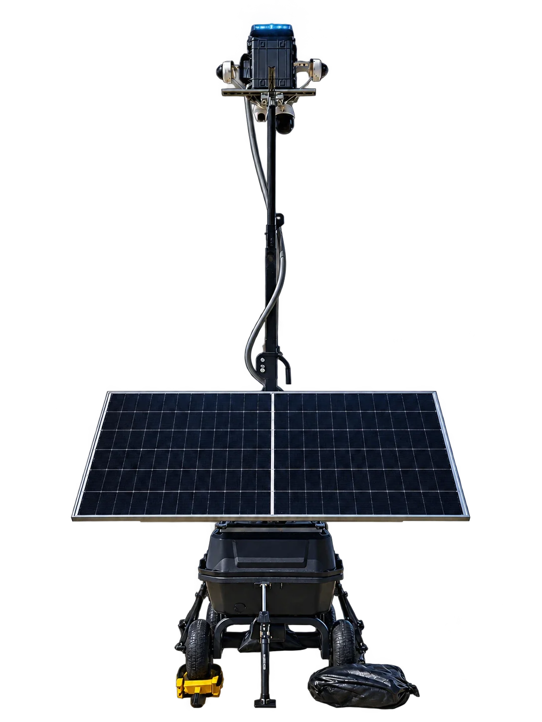 LOBO from the front with the mast raised, with numbered markers on the equipment box, cameras, mast, solar panel and rolling base.