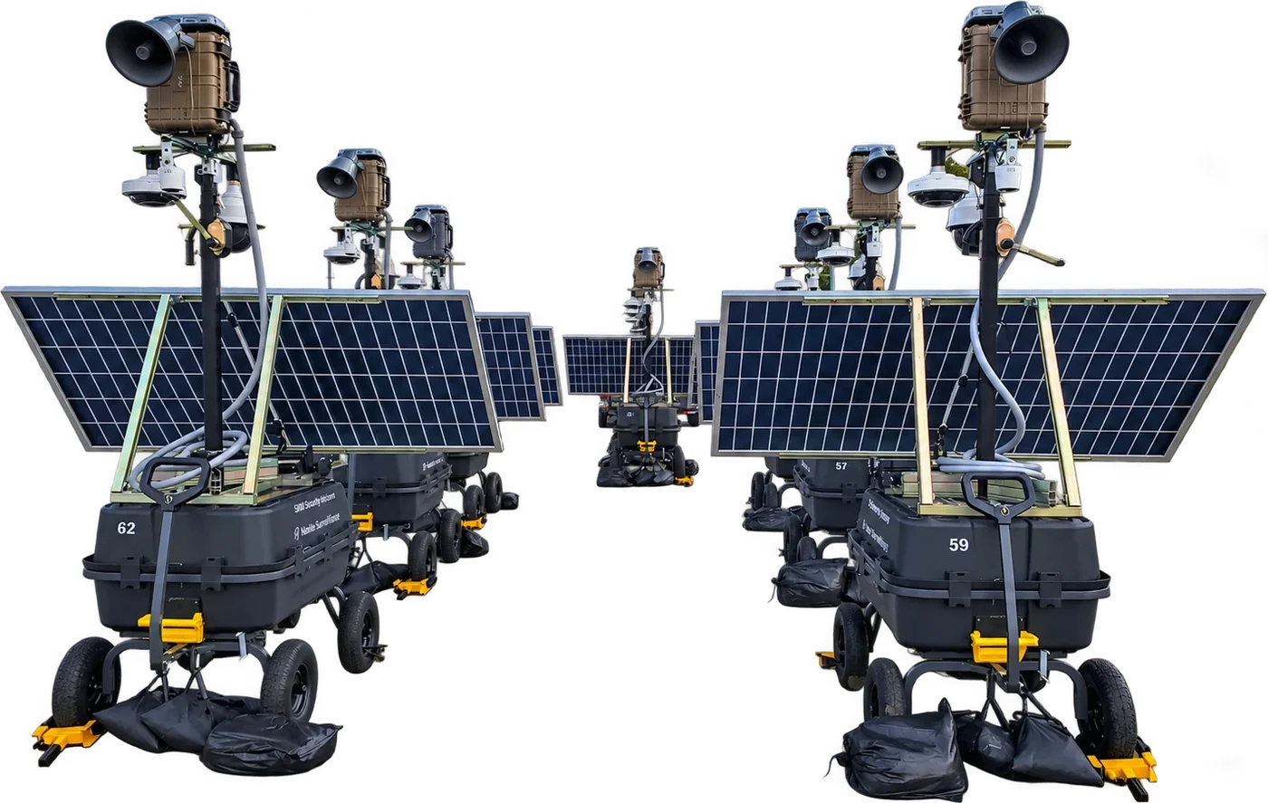 Two rows of LOBO towers in the government configuration, with tan equipment boxes, horn speakers, dome cameras and solar panels.