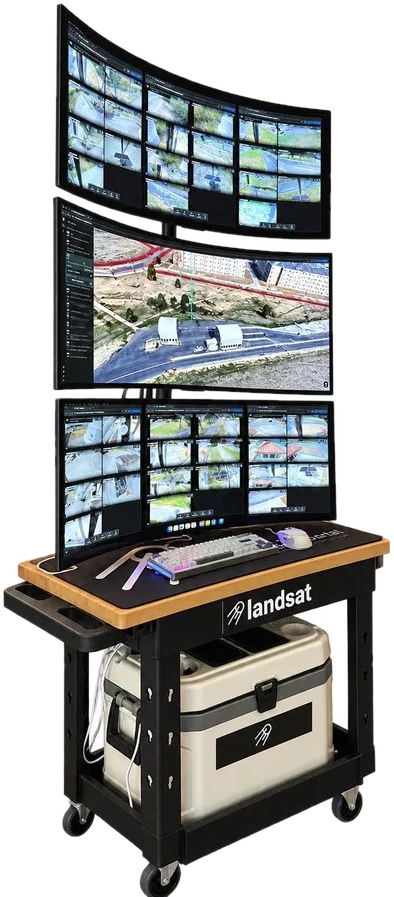 X3 Portal: three banks of monitors showing camera feeds and the 3D map, on a rolling cart with a battery case.